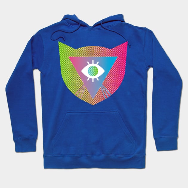 Rainbow Laser Cat Whiskers Evil Eye LGBTQIA2S+ Pink Green Triangle Shield Protection Optical Illusion Illuminati Y2K Graphic Design Hoodie by TriangleWorship